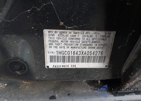 1999 Honda Accord Lx V6 from USA, damaged, VIN 1HGCG1643XA054276